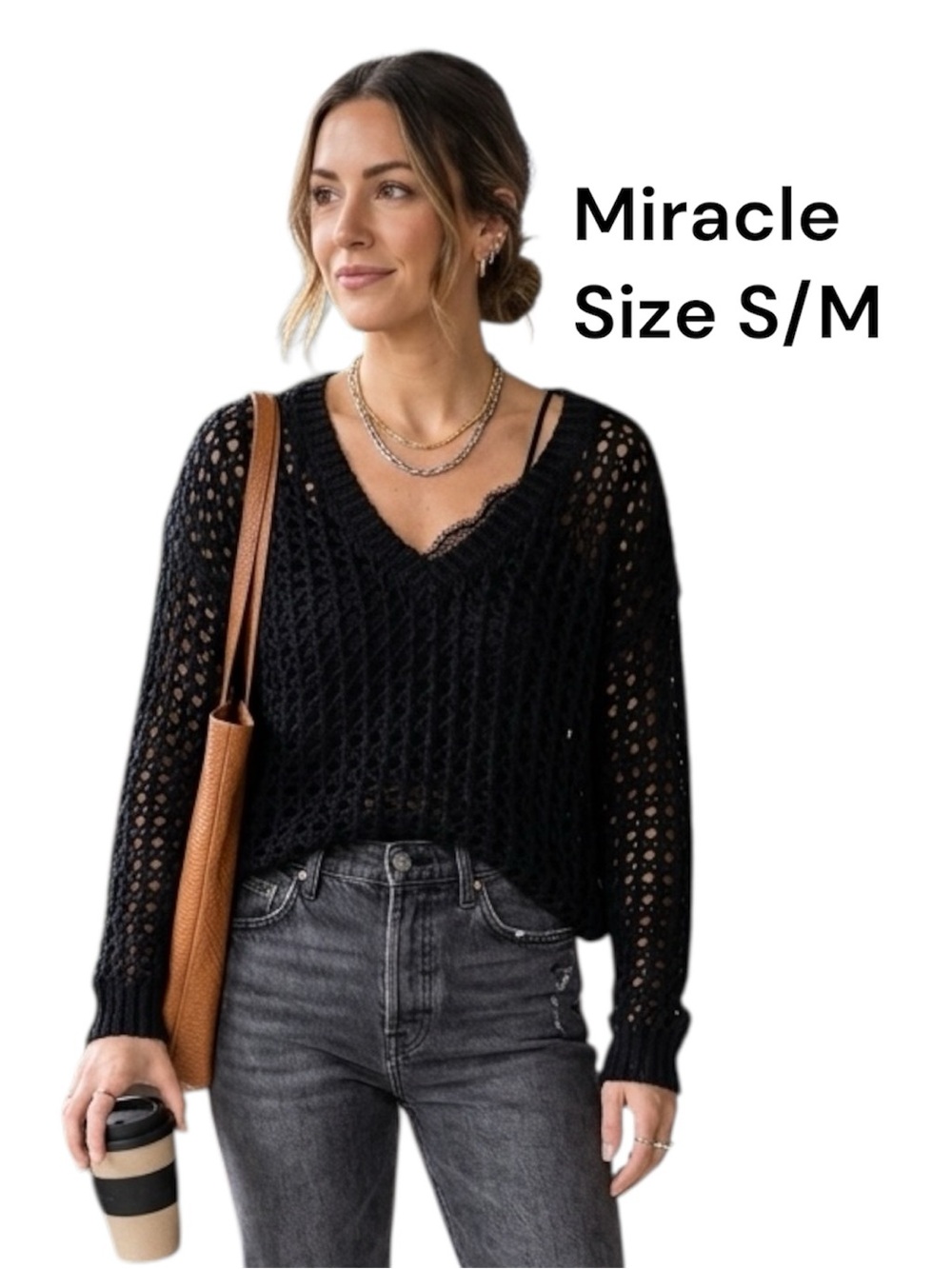 Miracle Black Open Knit V-Neck Sweater | S/M | Boho Chic Oversized Pullover